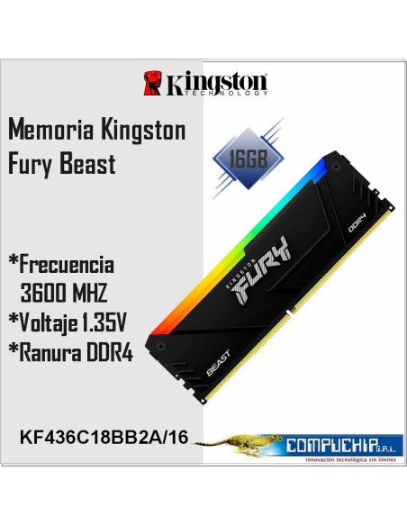 Memoria Kingston Fury Beast RGB BLACK, 16GB, DDR4-3600MHz, PC4-28800, CL18, 1.35V, Non-ECC