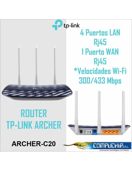 ROUTER TP-LINK WIFI ARCHER-C20 DOBLE BANDA 2.4-5GHZ 3 ANTENAS