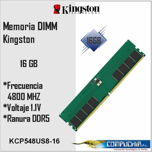 Memoria DIMM Kingston, 16GB DDR5-4800MHz PC5-38400, CL40, 1.1V, 288-Pin, Non-ECC