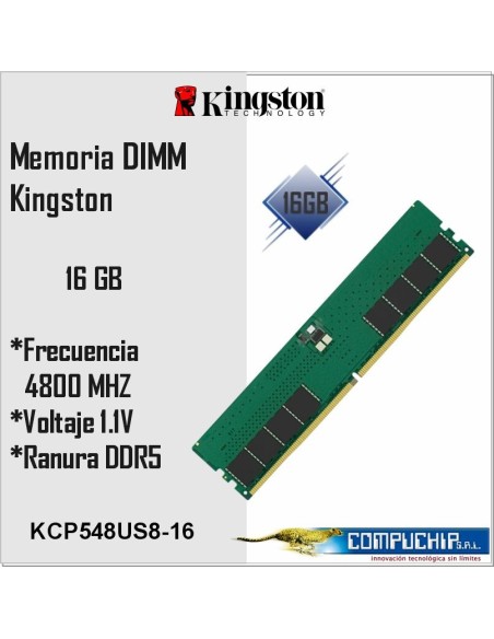 Memoria DIMM Kingston, 16GB DDR5-4800MHz PC5-38400, CL40, 1.1V, 288-Pin, Non-ECC