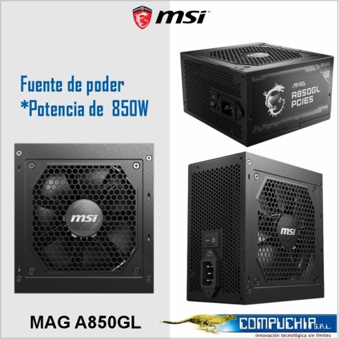 Fuente de alimentación MSI MAG A850GL PCIE5, 850W, 80 PLUS Gold, Formato ATX.