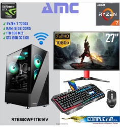 PC AMD RYZEN 7 7700X 4.5/5.4GHZ, 16GB DDR5, 1TB SSD M.2, GTX1660 6GB, MONITOR 27".