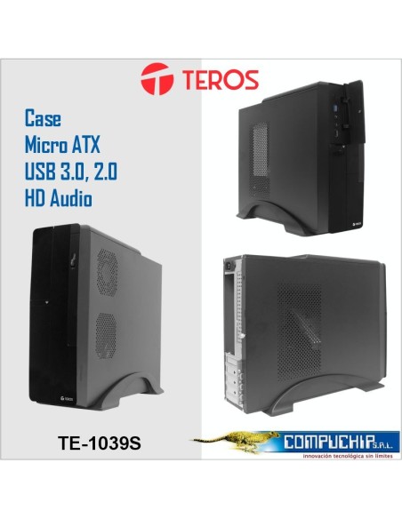 Case TEROS TE-1039S, Slim, 250 W, USB 3.0 / USB 2.0, audio HD, DVD, negro