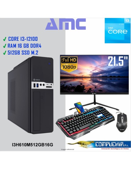 PC INTEL CORE I3-12100, 3.3/4.3 GHZ, 16GB DDR4, 512GB M.2 SSD , MONITOR 21.5".