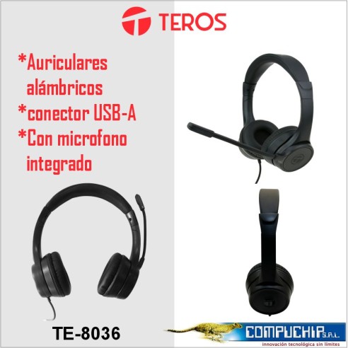 Audífono Teros TE-8036N (Headset), Negro, USB