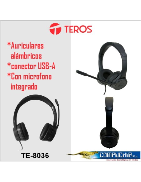 Audífono Teros TE-8036N (Headset), Negro, USB