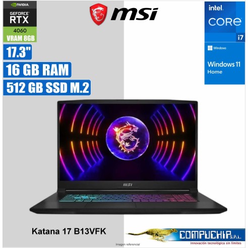 Notebook Gaming MSI Katana 17 B13VFK, 17.3" FHD IPS Core i7-13620H hasta 4.9GHz, 16GB DDR5