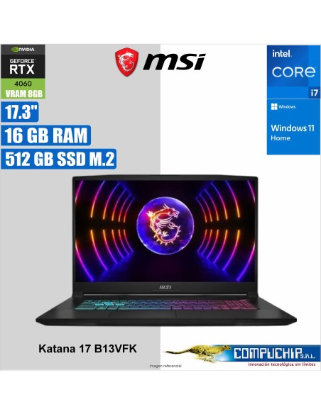 Notebook Gaming MSI Katana 17 B13VFK, 17.3" FHD IPS Core i7-13620H hasta 4.9GHz, 16GB DDR5