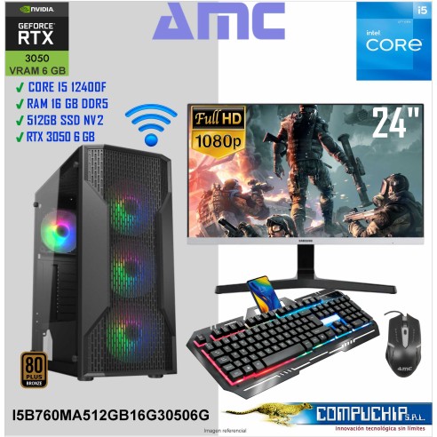 PC INTEL CORE I5-12400F 2.50/4.40 GHZ, 16GB DDR5, 512 GB SSD, RTX 3050 LP, MONITOR 24"