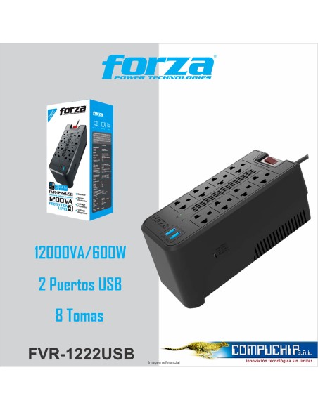 ESTABILIZADOR FORZA FVR-1222 ,1200 VA, 8 TOMAS, 2 PUERTOS USB