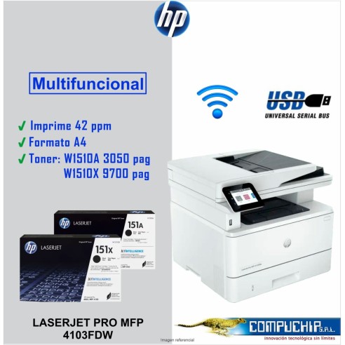 Impresora Monocromatica HP LaserJet Pro MFP 4103fdw, Imprime/Copia/Escanea/Fax/USB 2.0