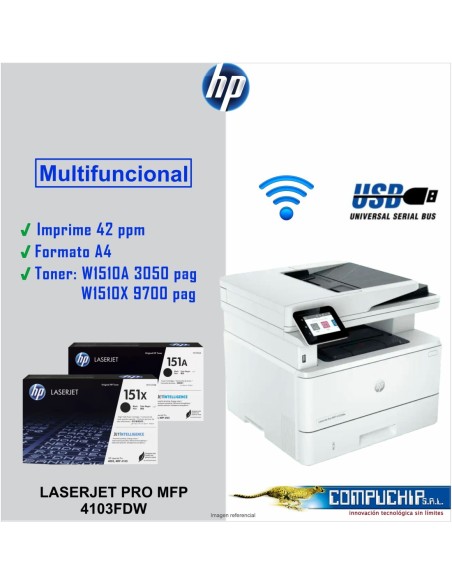 Impresora Monocromatica HP LaserJet Pro MFP 4103fdw, Imprime/Copia/Escanea/Fax/USB 2.0