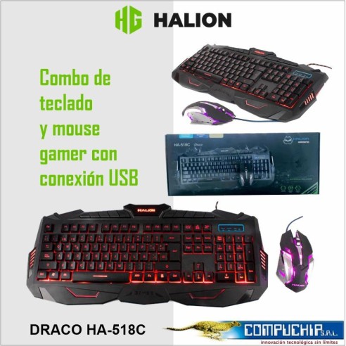 KIT GAMER TECLADO MOUSE HALION DRACO HA-518C