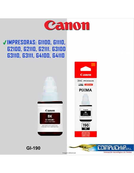 BOTELLA DE TINTA CANON GI-190 BK NEGRO, 135ML.