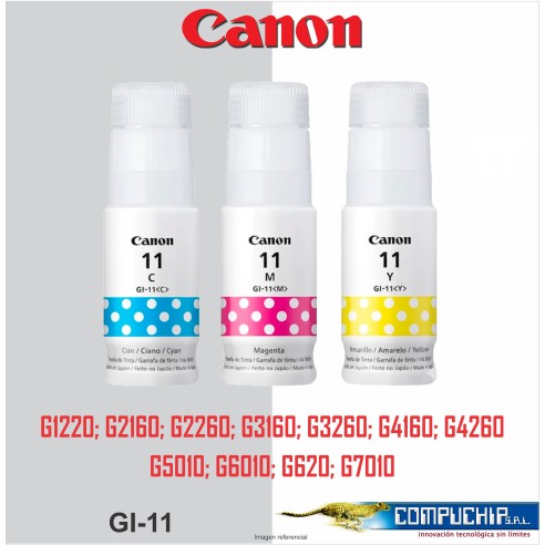 BOTELLA DE TINTA CANON GI-11 COLOR CYAN, MAGENTA, AMARILLO, 70ML.
