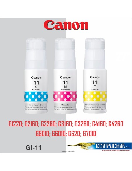 BOTELLA DE TINTA CANON GI-11 COLOR CYAN, MAGENTA, AMARILLO, 70ML.