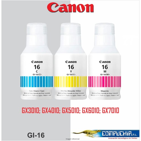 BOTELLA DE TINTA CANON GI-16 CYAN, MAGENTA, AMARILLO, 135ML.