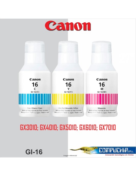 BOTELLA DE TINTA CANON GI-16 CYAN, MAGENTA, AMARILLO, 135ML.