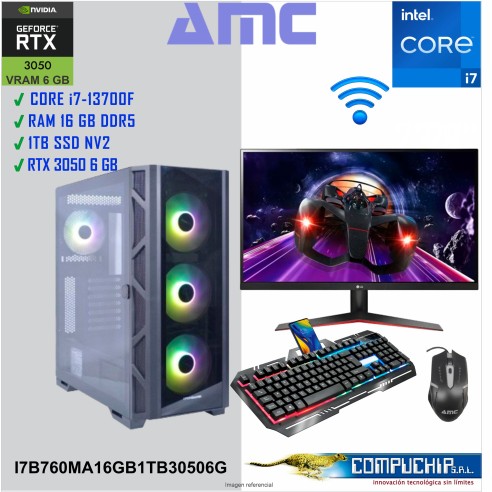 PC AMC INTEL CORE I7-13700F 2.10/ 5.20 GHz, 16GB DDR5, 1TB M.2 SSD, RTX 3050 6GB, MONITOR 27".