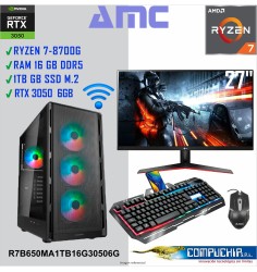 PC RYZEN 7 8700G 4.2/5.1 GHZ, 16GB DDR5, 1TB SSD M.2, RTX3050 LP 6GB, MONITOR 27".