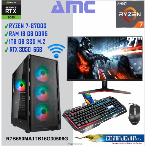 PC AMD RYZEN 7 8700G 4.2/5.1GHZ, 16GB DDR5, 1TB SSD M.2, RTX3050 LP 6GB, MONITOR 27".