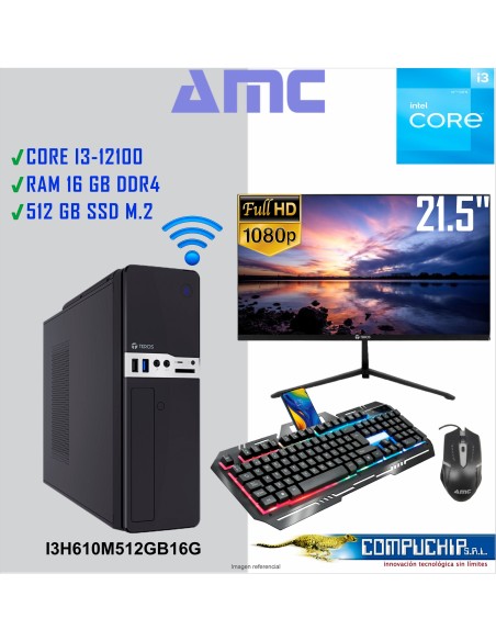 PC INTEL CORE I3-12100, 3.3/4.3 GHZ, 16GB DDR4, 512GB M.2 SSD , MONITOR 21.5".