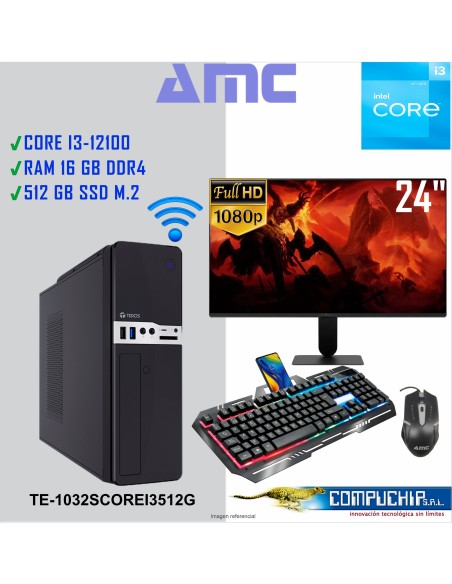 PC INTEL CORE I3-12100, 3.3/4.3 GHZ, 16GB DDR4, 512GB M.2 SSD , MONITOR 24".