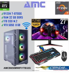 PC RYZEN 7 8700G 4.2/5.1 GHZ, 32GB DDR5, 1TB SSD M.2, RTX 5050 8GB, MONITOR 27".