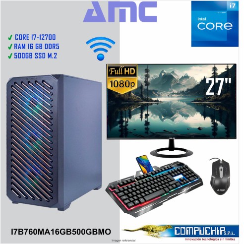 PC AMC INTEL CORE  i7-12700 2.10/4.90GHz, 16GB DDR5, 500GB M.2 SSD, MONITOR 27".