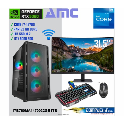 PC AMC INTEL CORE I7-14700 2.10/5.40GHZ, 32GB DDR5, RTX5060-O8G, 1TB M.2 SSD, MONITOR CURVO 31.5".