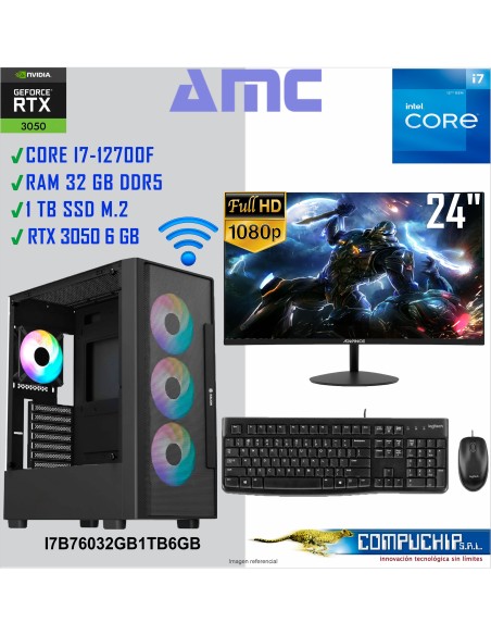 PC AMC INTEL CORE I7-12700F 2.10/ 4.90 GHz, 32GB DDR5, 1TB M.2 SSD, RTX 3050 6GB, MONITOR 23.8".