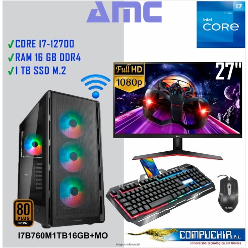 PC AMC INTEL CORE I7-12700 2.10/4.90 GHZ, 16GB DDR4, 1TB M.2 SSD, MONITOR LG 27".