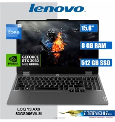 Notebook Lenovo LOQ 15IAX9 15.6" FHD IPS, Core i5-12450HX hasta 4.4GHz 8GB DDR5-4800MHz