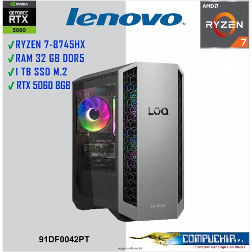PC Gaming Lenovo LOQ TOWER 26ADR10, RYZEN 7 8745HX 5.1GHZ, 32GB DDR5, 1TB SSD.