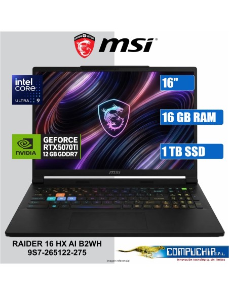 NB Gaming MSI Raider 16 HX B2WH, 16" QHD+ IPS, Core Ultra 9 275HX hasta 5.4GHz, 16GB DDR5