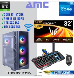 PC AMC INTEL CORE I7-14700K 5.6GHz, 16GB DDR5, RTX 5050 8GB, 1TB M.2 SSD, MONITOR 32".