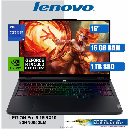 Notebook Lenovo Legion Pro 5 16IRX10 de 16" WQXGA IPS, Core i9-14900HX 5.8GHz, 16GB DDR5, 1TB SSD M.2