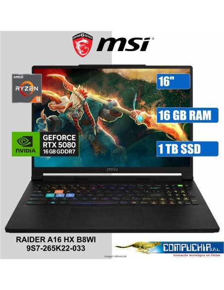NB Gaming MSI Raider A16 HX B8WI 16" QHD+ IPS, AMD Ryzen 9 8940HX hasta 5.2GHz, 16GB DDR5