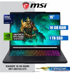 NB Gaming MSI Raider 16 HX B2WI 16" QHD+ IPS, Core Ultra 9 275HX hasta 5.4GHz, 16GB DDR5