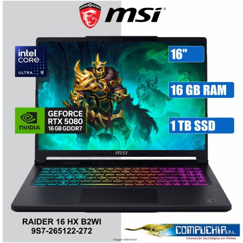 NB Gaming MSI Raider 16 HX B2WI 16" QHD+ IPS, Core Ultra 9 275HX hasta 5.4GHz, 16GB DDR5