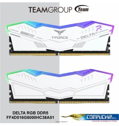 Memoria TEAMGROUP T-FORCE DELTA RGB DDR5, 16GB (1x16GB) DDR5-6000MHz, CL38, 1.25V, Blanco