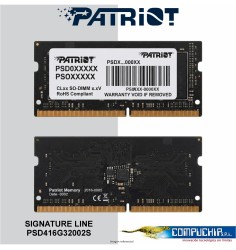 Memoria SODIMM Patriot Signature Line 16GB DDR4 3200MT/s, PC4-25600, CL22, 1.2V. 260-pin