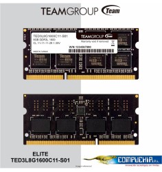 Memoria SODIMM TeamGroup Elite 8GB DDR3L 1600MHT/s, PC3L-12800, CL11, 1.35V, 204-pin