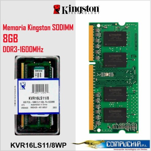 Memoria Kingston KVR16LS11/8WP, 8GB, DDR3L SODIMM, 1600 MHz CL-11, 1.35V